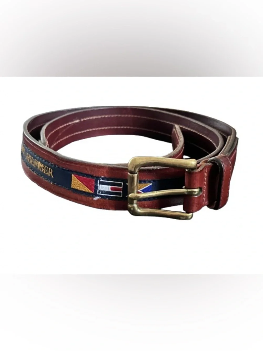 TOMMY HILFIGER L Leather Flag Nautical Belt Brown Large Size 49 Preppy